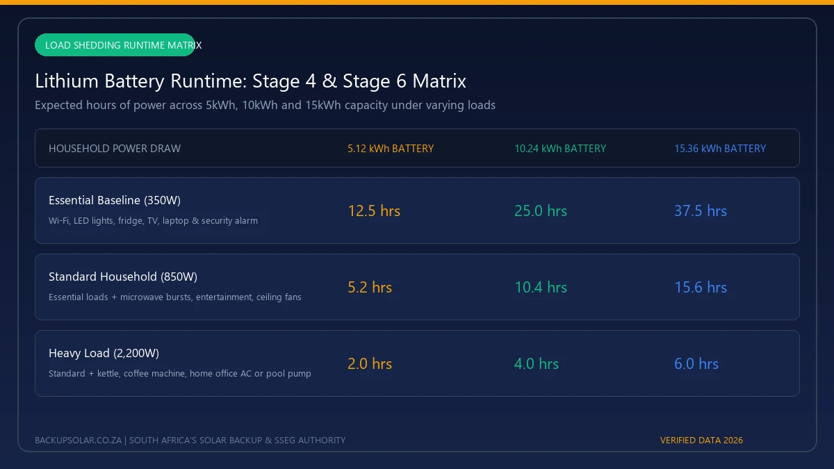 Lithium battery runtime matrix comparing 5.12kWh, 10.24kWh and 15.36kWh capacities under varying loads