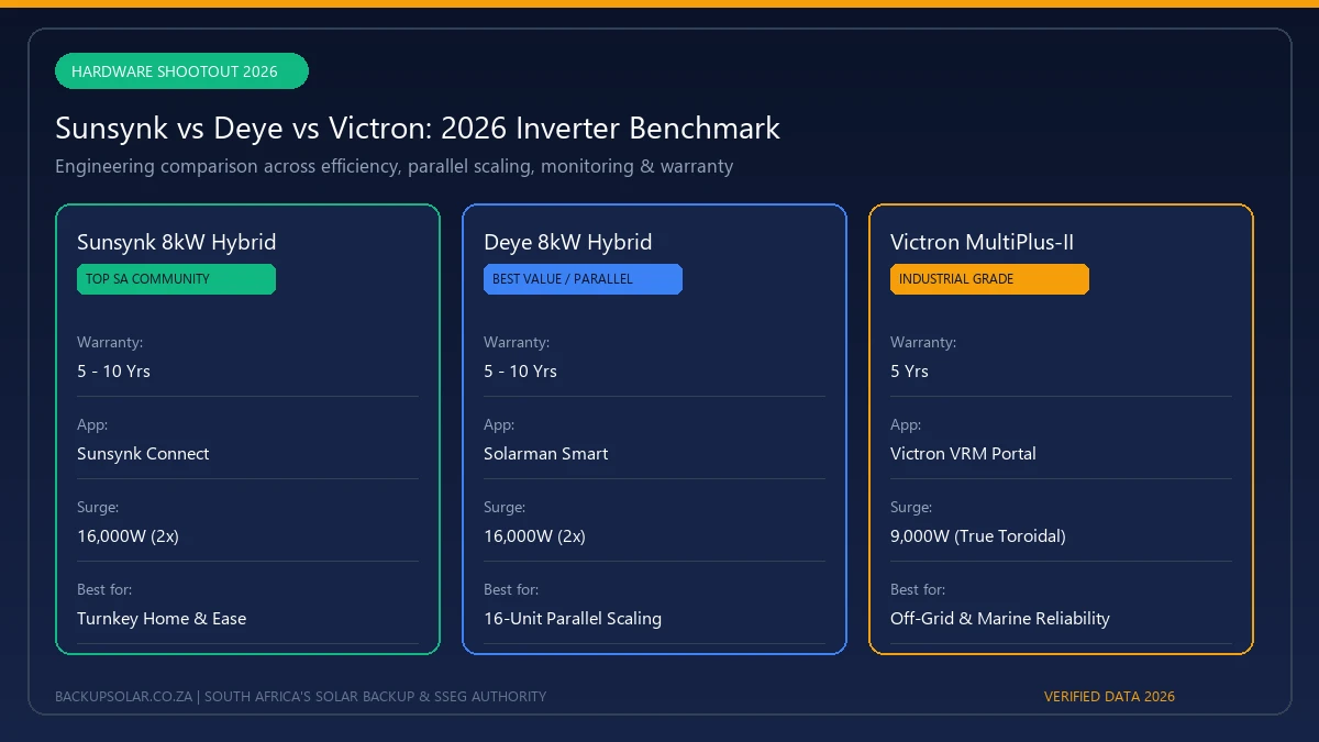 Sunsynk vs Deye vs Victron hybrid inverter technical benchmark comparison matrix