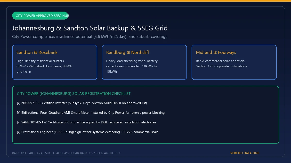 Johannesburg City Power solar backup coverage map, SSEG checklist, and regional solar irradiance potential