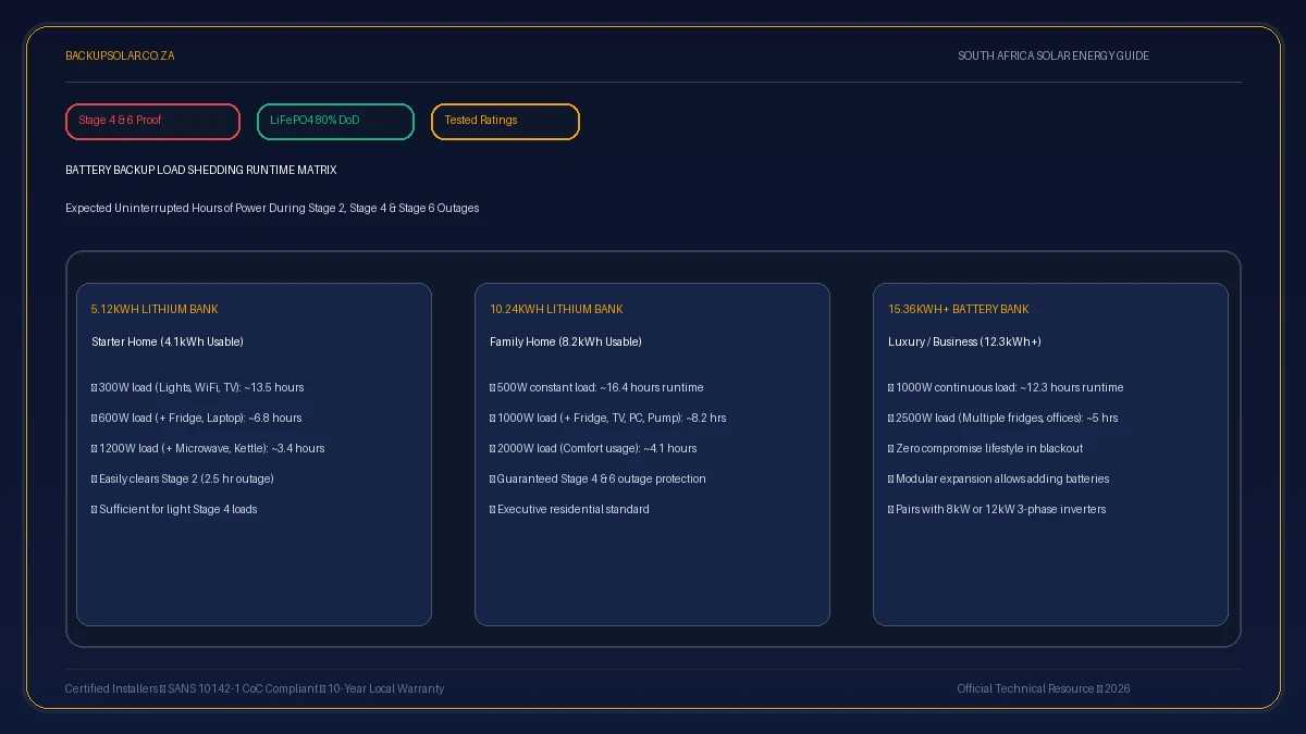 Battery Backup Load Shedding Runtime Matrix for Stage 2, Stage 4, and Stage 6 outages