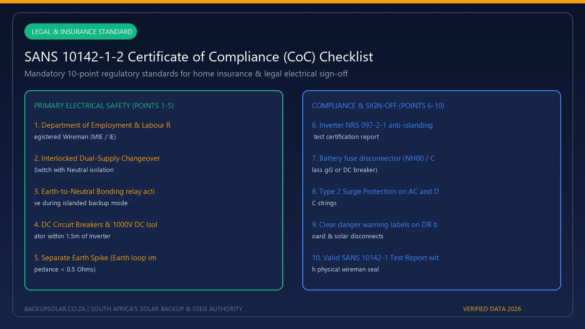 SANS 10142-1-2 Certificate of Compliance 10-point checklist for solar PV and hybrid inverter installations
